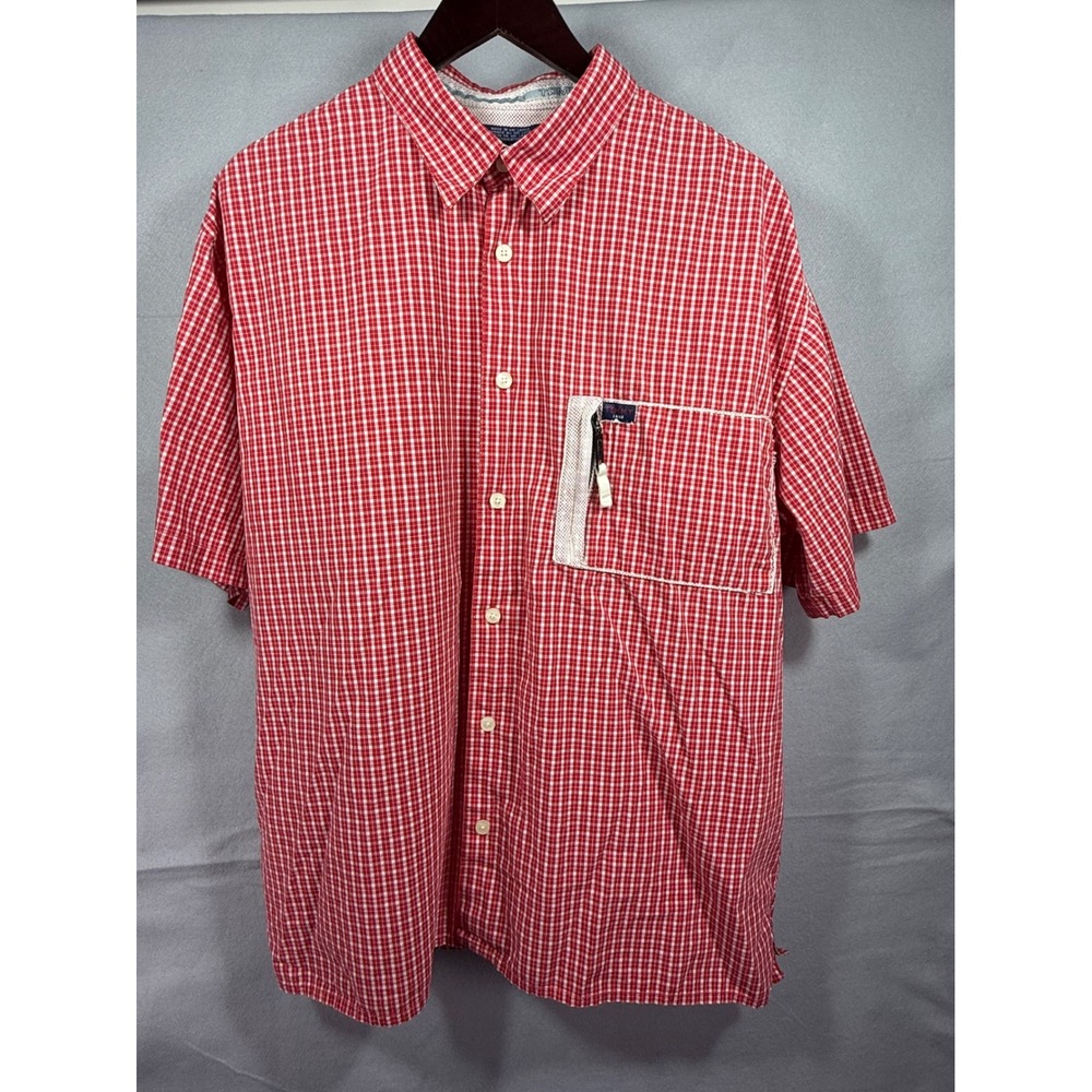 Tommy Jeans Mens XL Red White Check Short Sleeve Zip Pocket Button Down Shirt